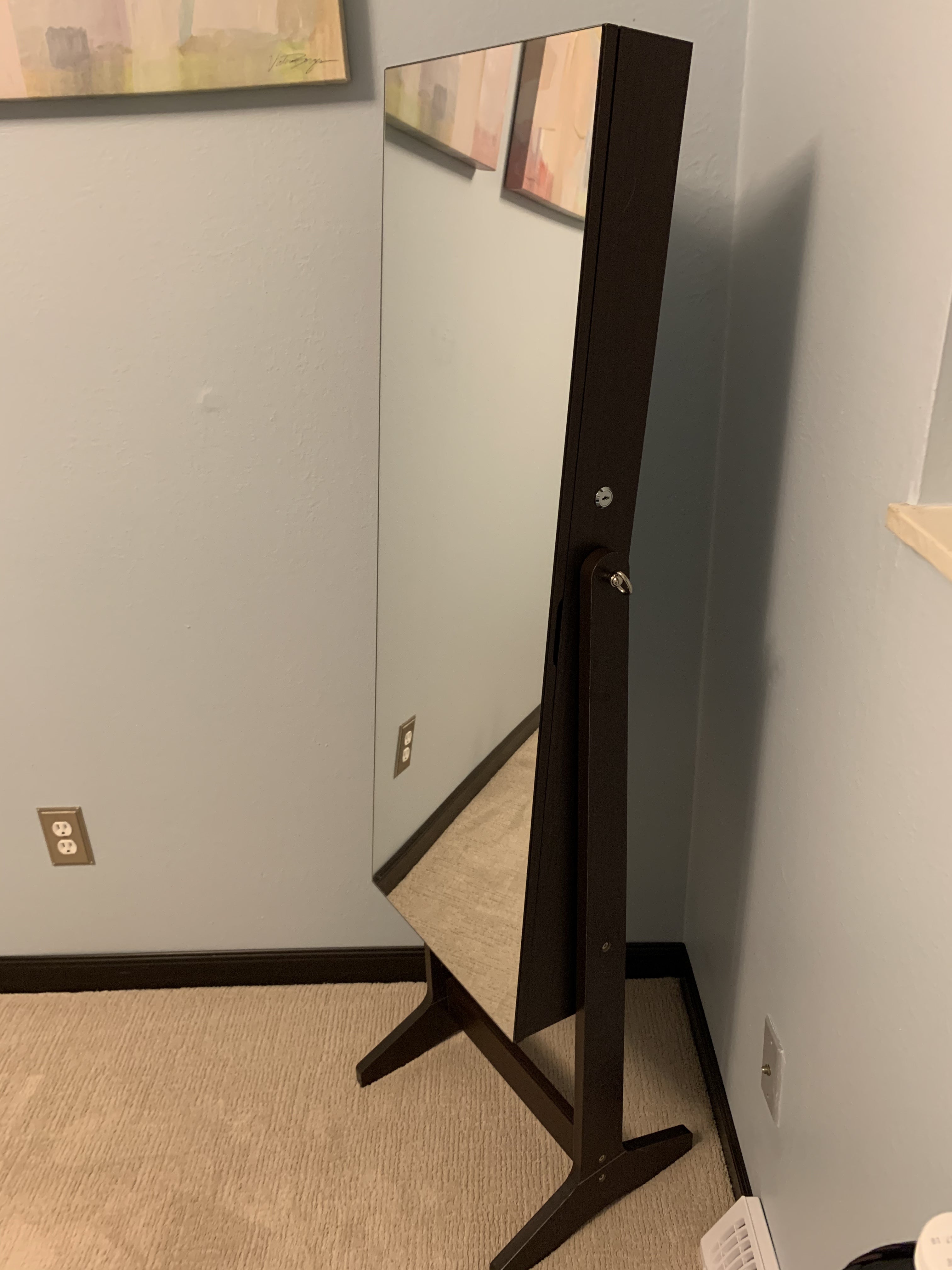 Mirror Jewelry Cabinet Armoire, Freestanding Lockable Storage Organizer Unit with 2 Plastic Cosmetic Storage, Brown