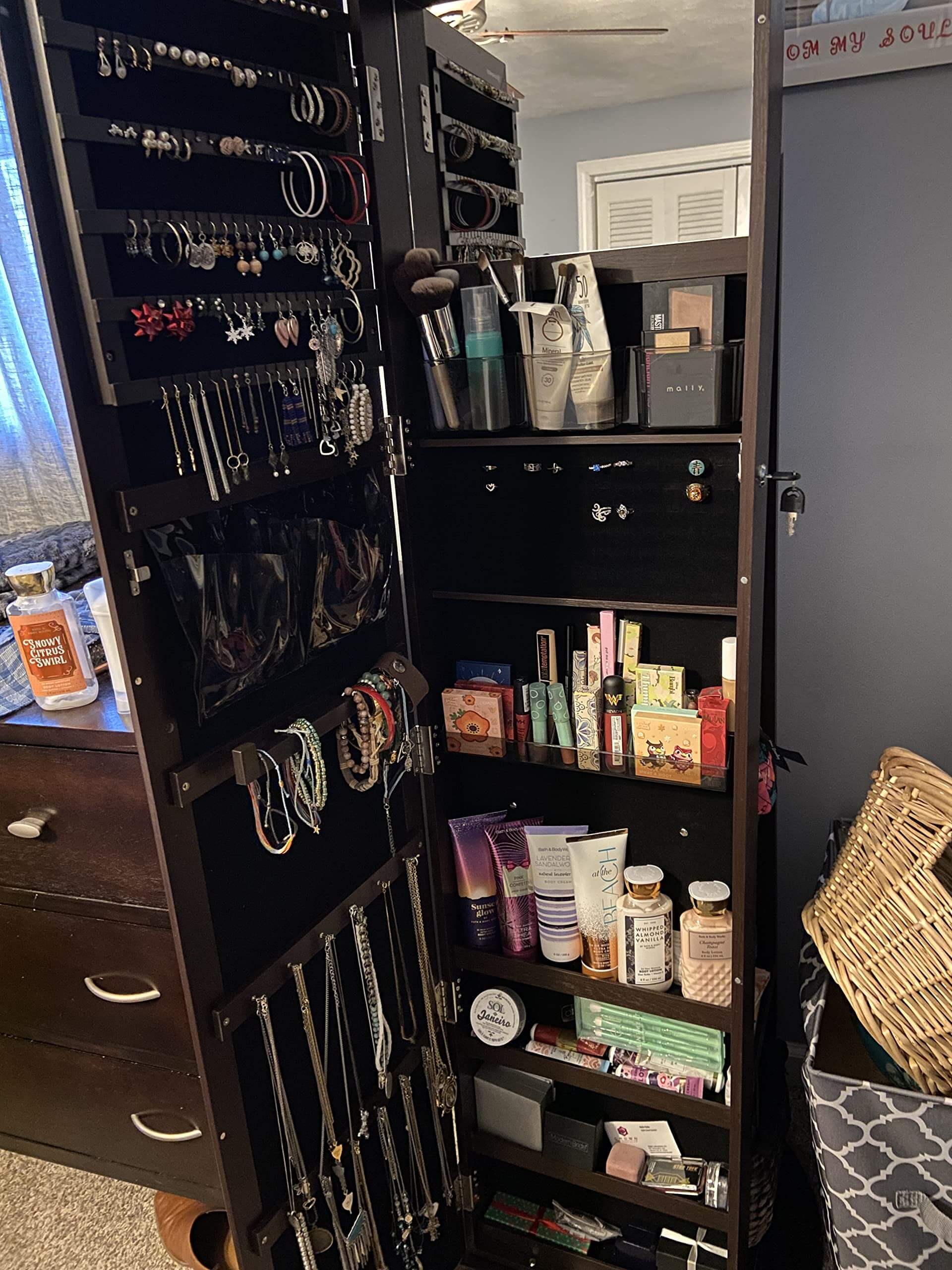 360° Swivel Jewelry Cabinet, Lockable Jewelry Organizer with Full-Length Mirror, Rear Storage Shelves