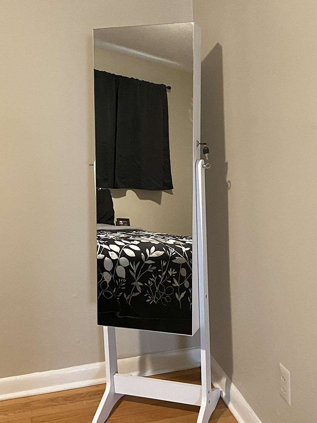 Mirror Jewelry Cabinet Armoire, Freestanding Lockable Storage Organizer Unit with 2 Plastic Cosmetic Storage