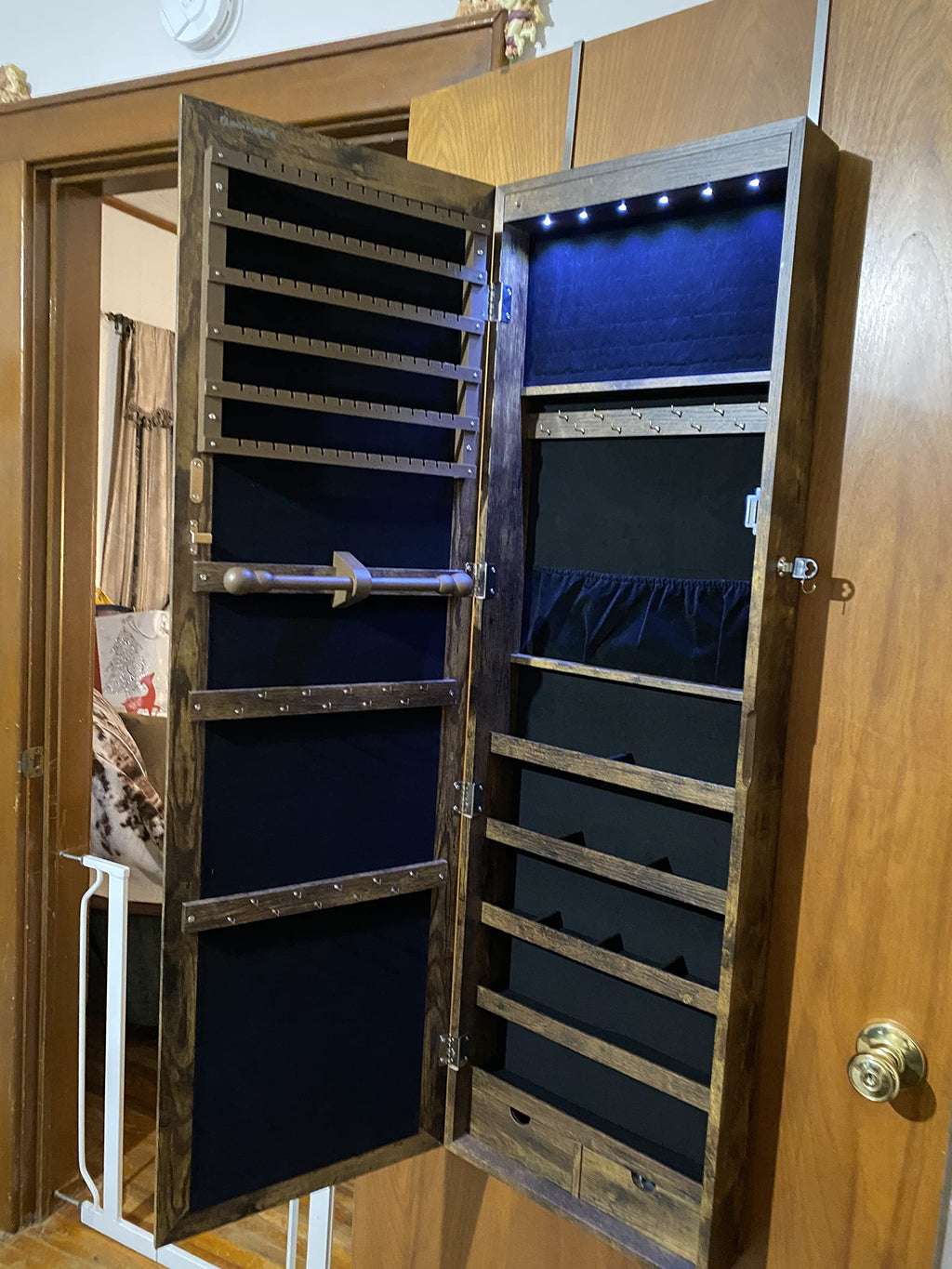 6 LEDs Jewelry Cabinet, Lockable Wall/Door Mounted Jewelry Armoire Organizer with Mirror and 2 Drawers