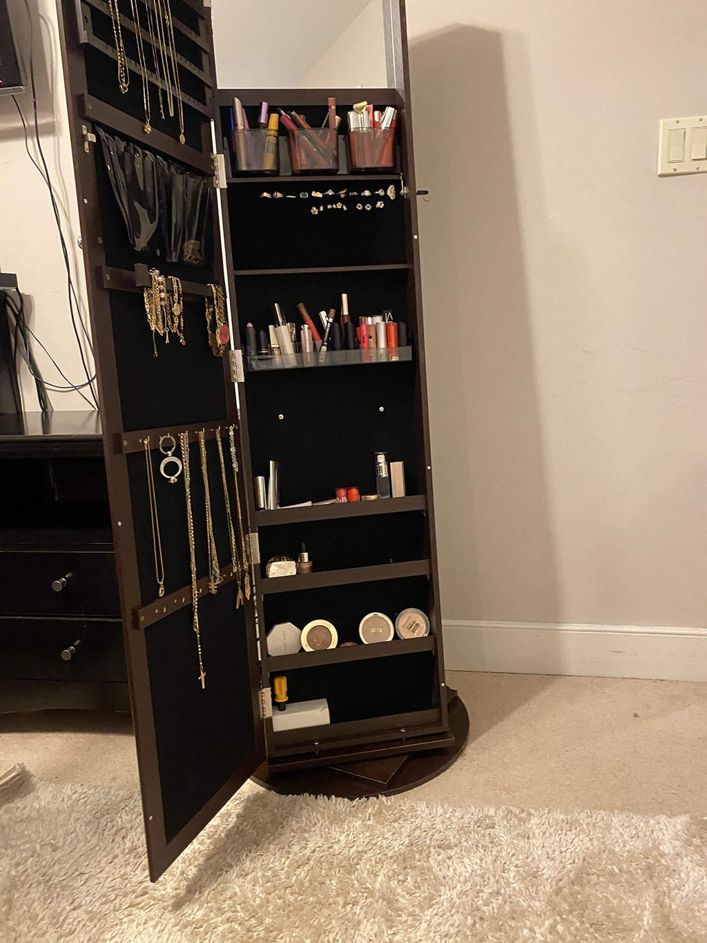 360° Swivel Jewelry Cabinet, Lockable Jewelry Organizer with Full-Length Mirror, Rear Storage Shelves