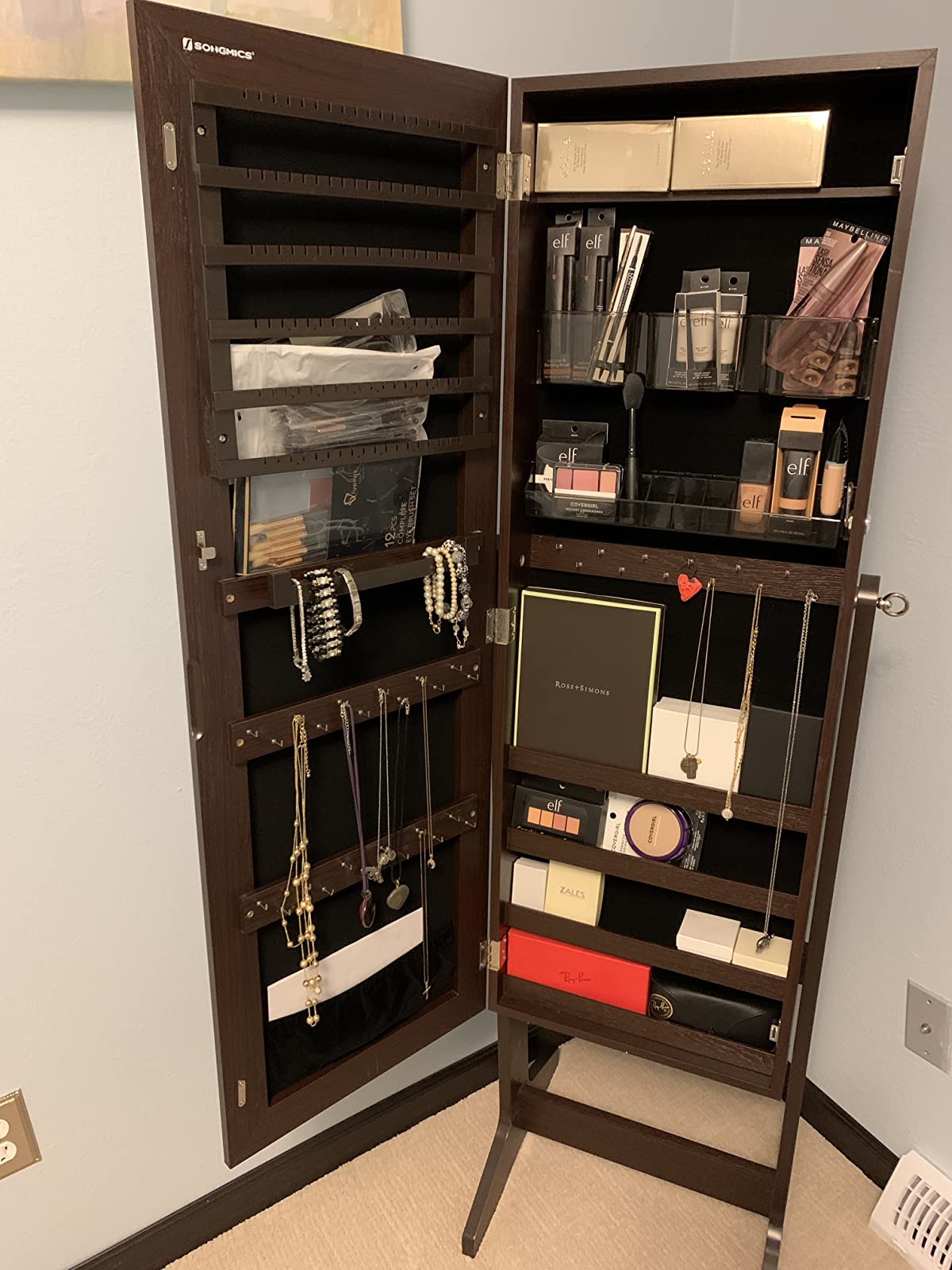 Mirror Jewelry Cabinet Armoire, Freestanding Lockable Storage Organizer Unit with 2 Plastic Cosmetic Storage