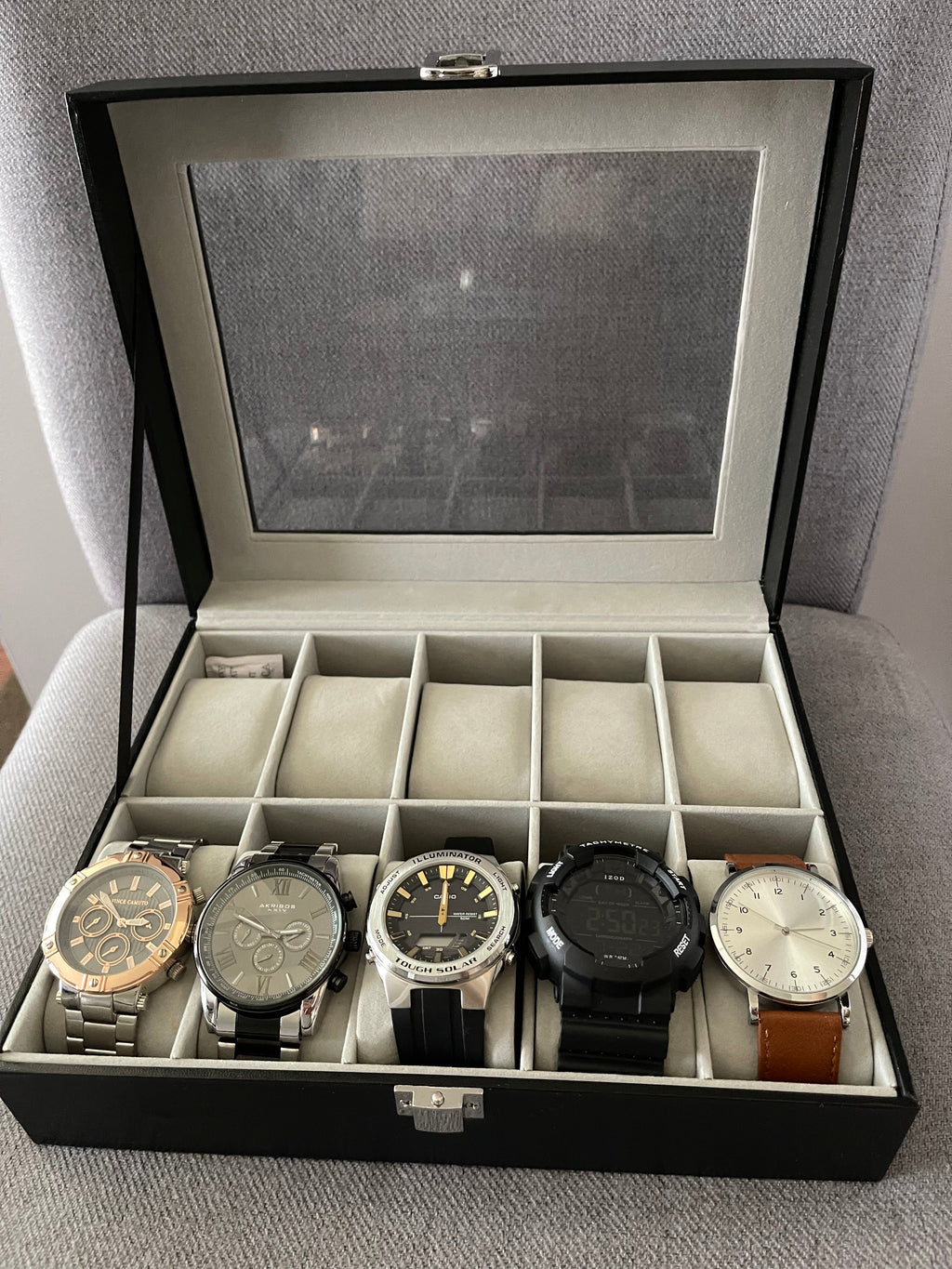 Faux Leather, 10 Slots Box, Holder with Glass Lid, Case with Removable Pillow