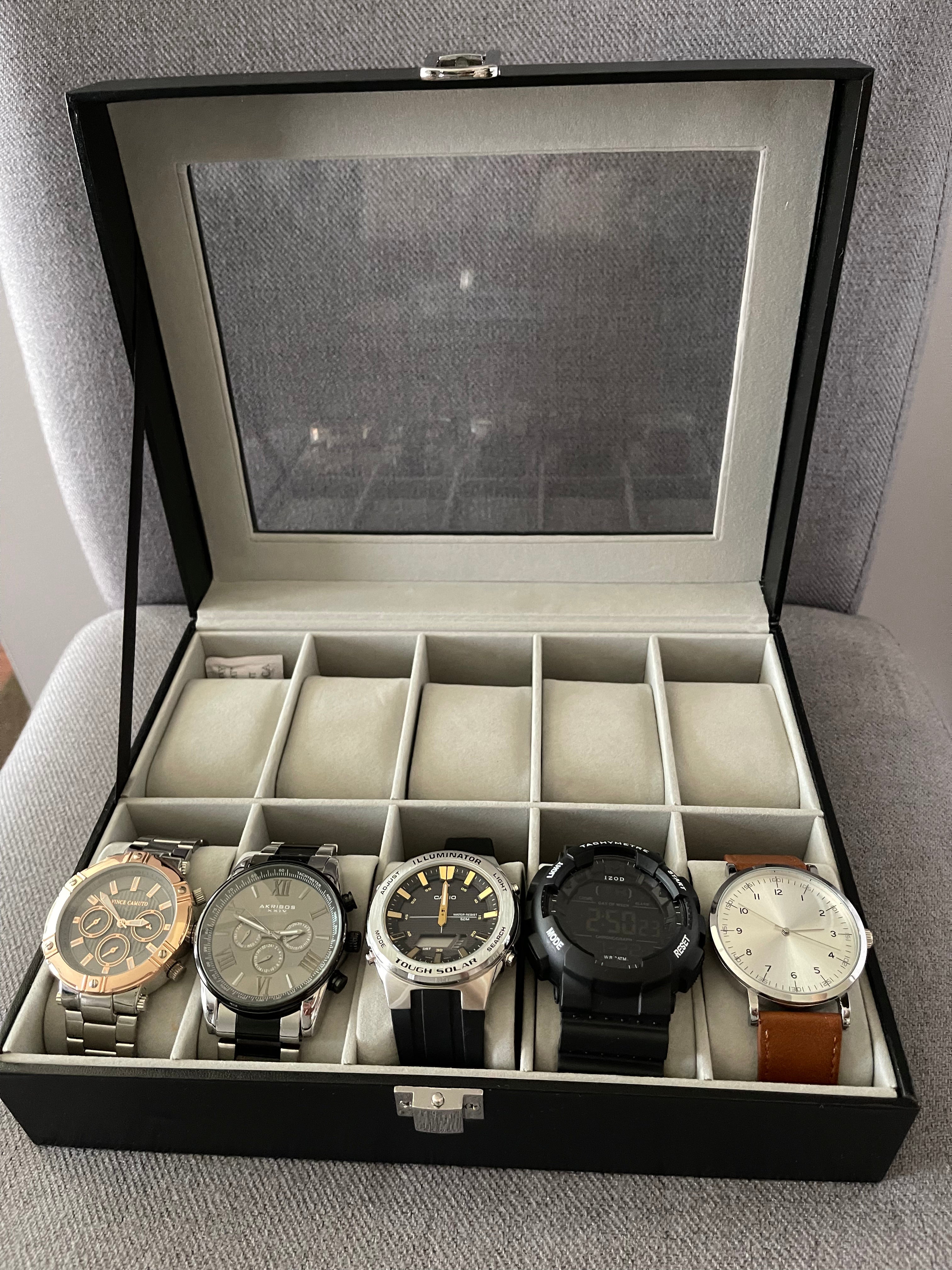 Faux Leather, 10 Slots Box, Holder with Glass Lid, Case with Removable Pillow