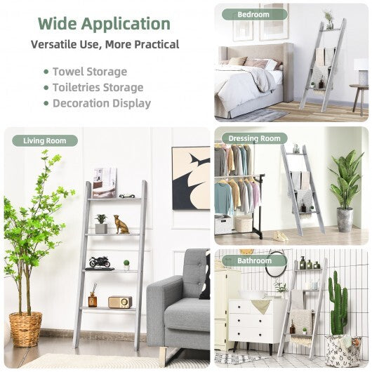 4-Tier Wall Leaning Ladder Shelf Stand-Gray - Color: Gray