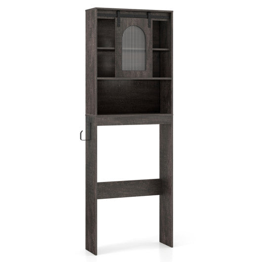 Over Toilet Storage Cabinet with Sliding Barn Door and Open Shelves for Bathroom-Oak