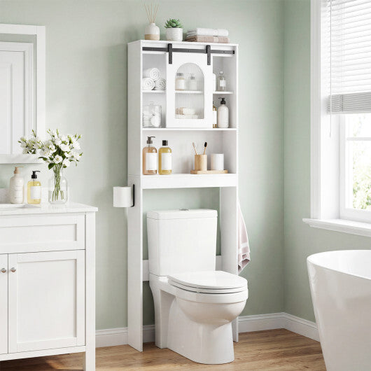 Over Toilet Storage Cabinet with Sliding Barn Door and Open Shelves for Bathroom-Oak