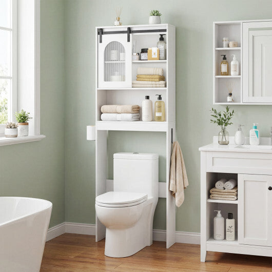 Over Toilet Storage Cabinet with Sliding Barn Door and Open Shelves for Bathroom-Oak