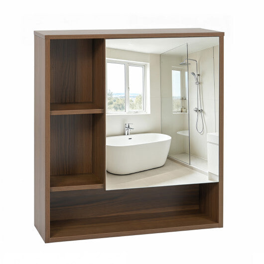 Wall-Mounted Mirror Cabinet with 2 Hidden Shelves and 3 Open Compartments-Black