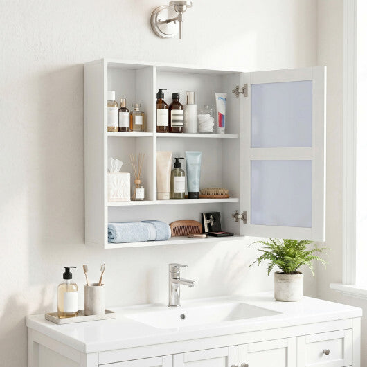 Wall-Mounted Mirror Cabinet with 2 Hidden Shelves and 3 Open Compartments-Black