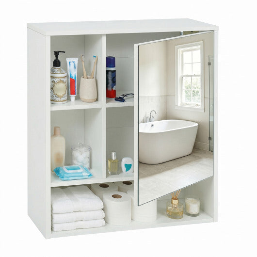 Wall-Mounted Mirror Cabinet with 2 Hidden Shelves and 3 Open Compartments-Black