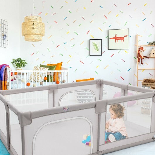 75 x 59 Inch Large Baby Playpen with Breathable Mesh and Zipper Doors-Gray