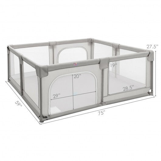 75 x 59 Inch Large Baby Playpen with Breathable Mesh and Zipper Doors-Gray