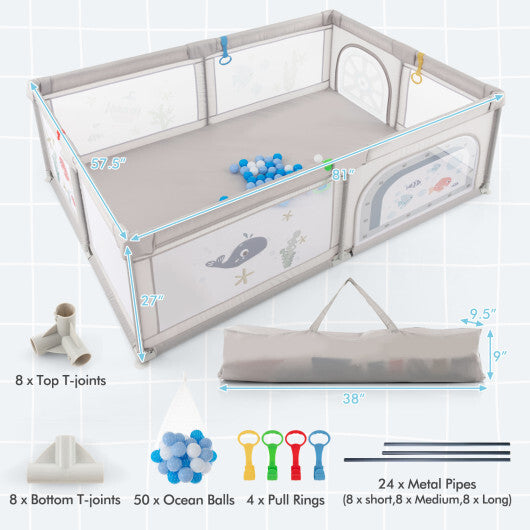 Large Baby Playpen with Pull Rings Ocean Balls and Cute Pattern-Penguin