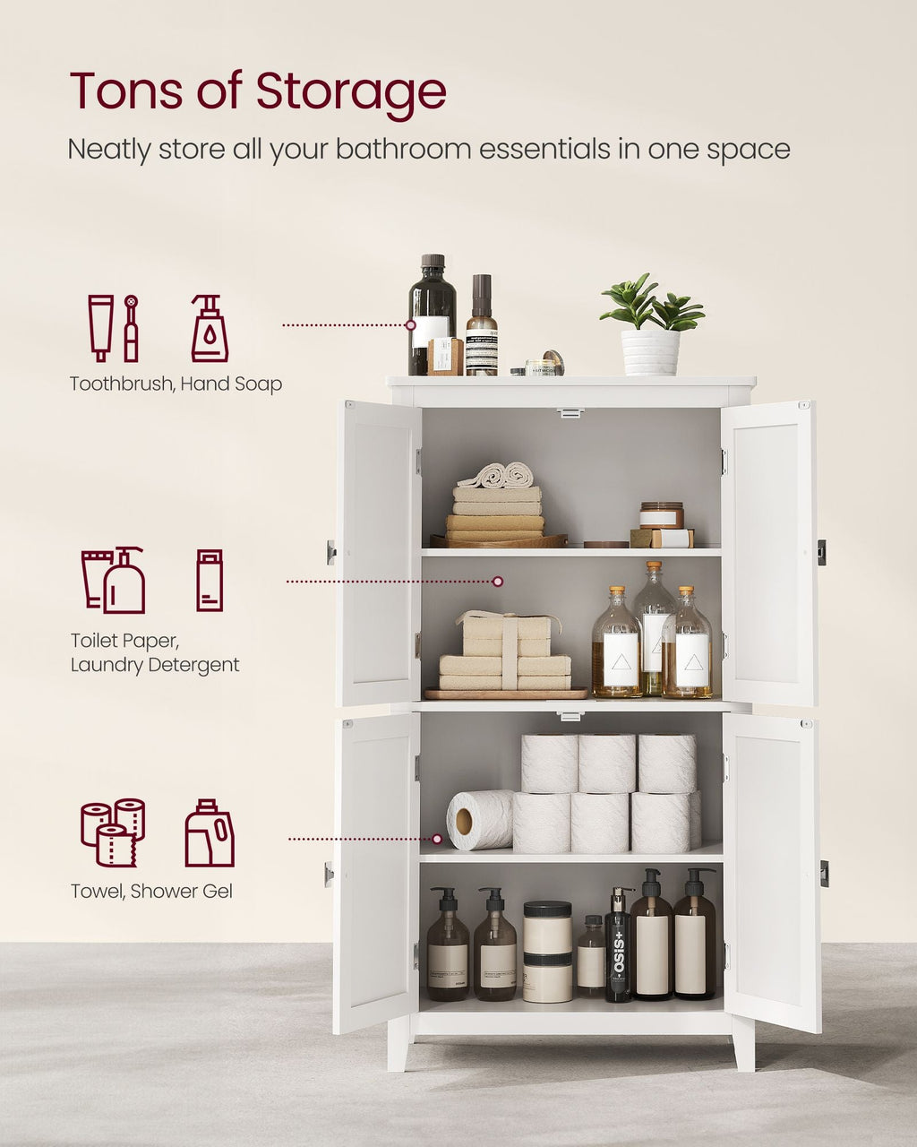Bathroom Floor Storage Cabinet with 4 Doors