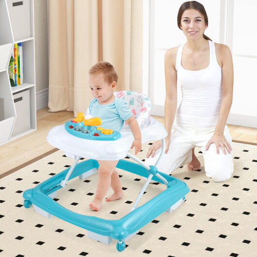 Foldable Baby Walker with 3 Adjustable Heights and Padded Seat-Blue
