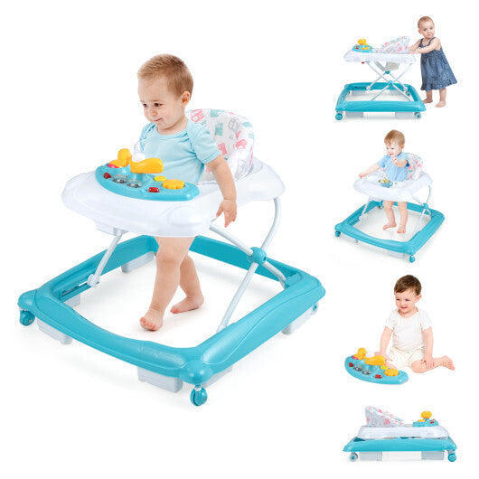 Foldable Baby Walker with 3 Adjustable Heights and Padded Seat-Blue