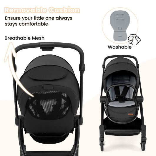 Foldable Infant Pram Stroller with Reversible Seat Reclining Backrest-Gray