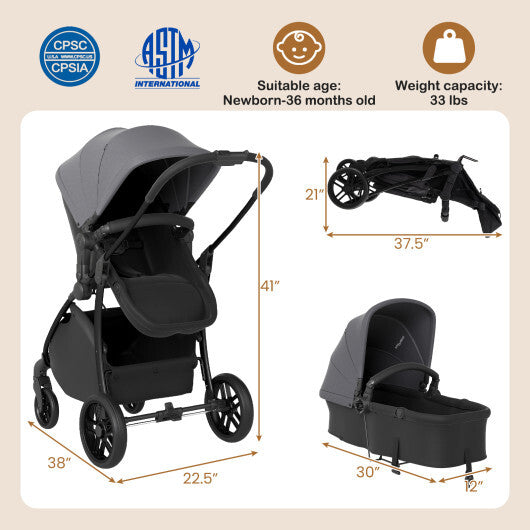 2-in-1 Baby Stroller with Bassinet Mode and Reversible Seat-Black