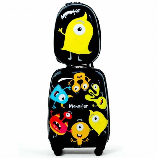 2 Pieces Kids Luggage Set 12 Inch Backpack and 16 Inch Rolling Suitcase - Color: Black