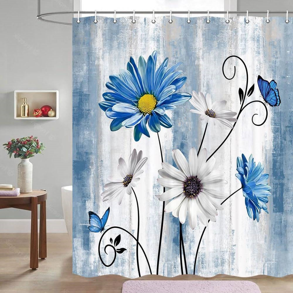 72"W x 72"H Blue Vibrant Floral Butterfly Polyester Shower Curtain