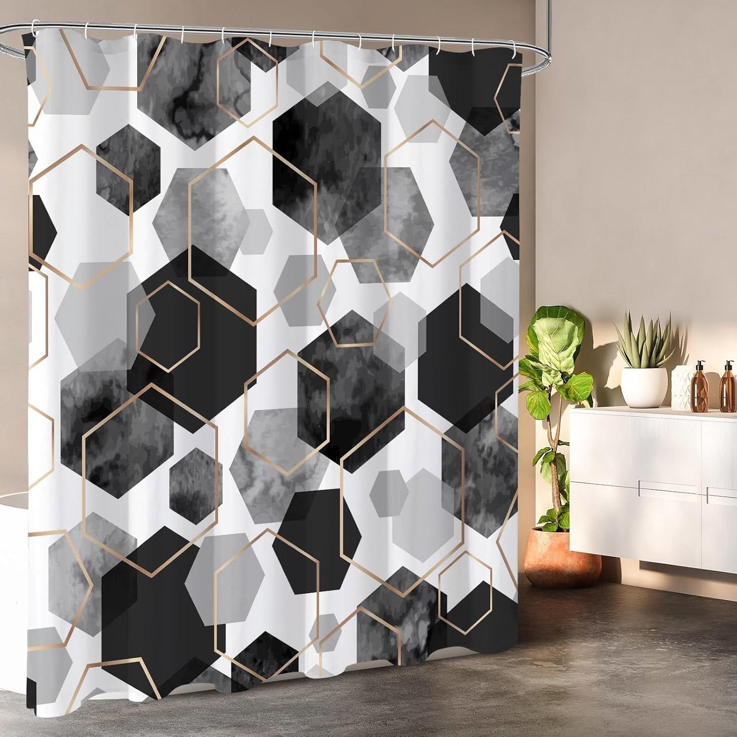 72"W x 78"H Black White Hexagonal Pattern Polyester Shower Curtain