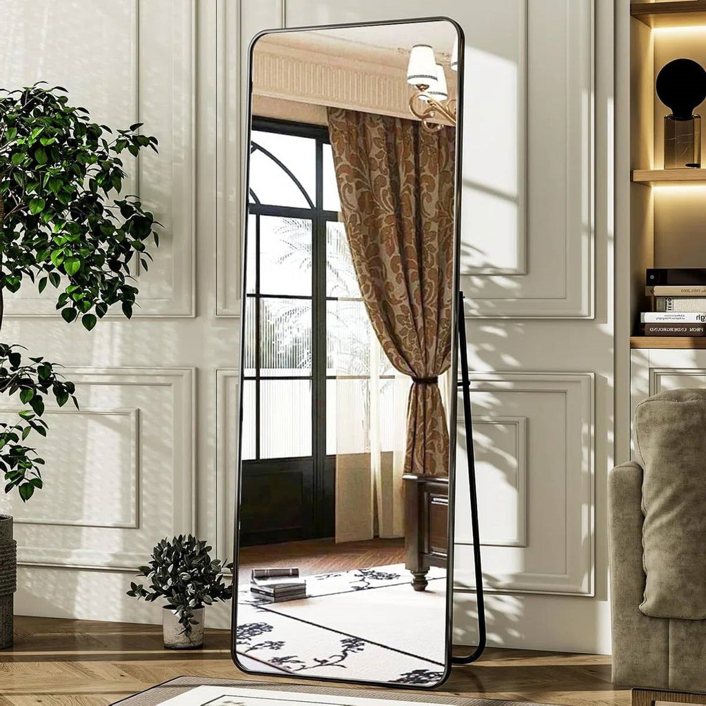 Black 65-inch Full Length Floor Mirror with Stand and Wall Mount Holes