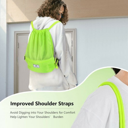 Drawstring Backpack String Bag Foldable Sports Sack with Zipper Pocket-Green - Color: Green