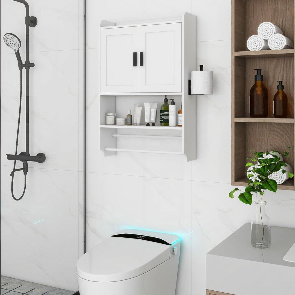 White Bathroom Wall Cabinet with Towel Bar and Storage Shelf