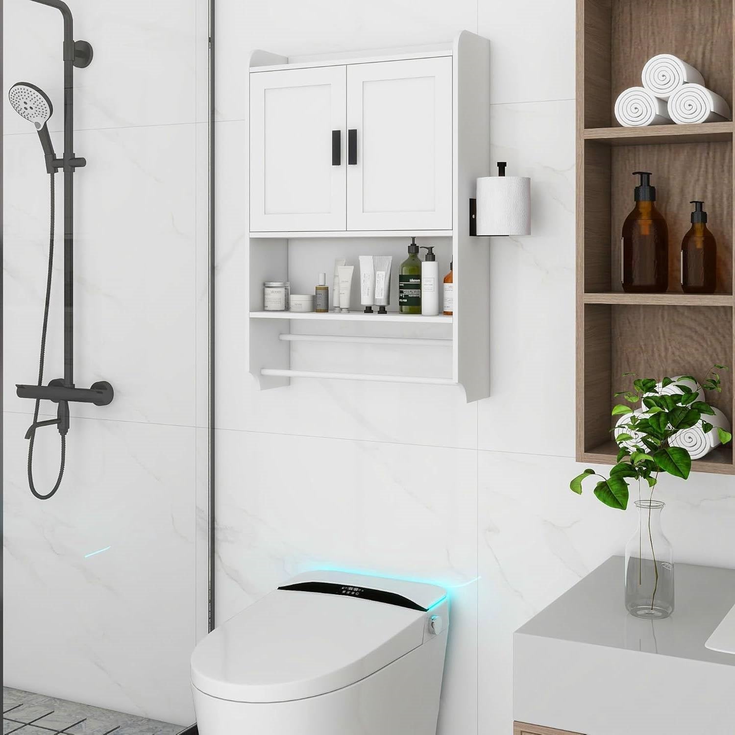 White Bathroom Wall Cabinet with Towel Bar and Storage Shelf