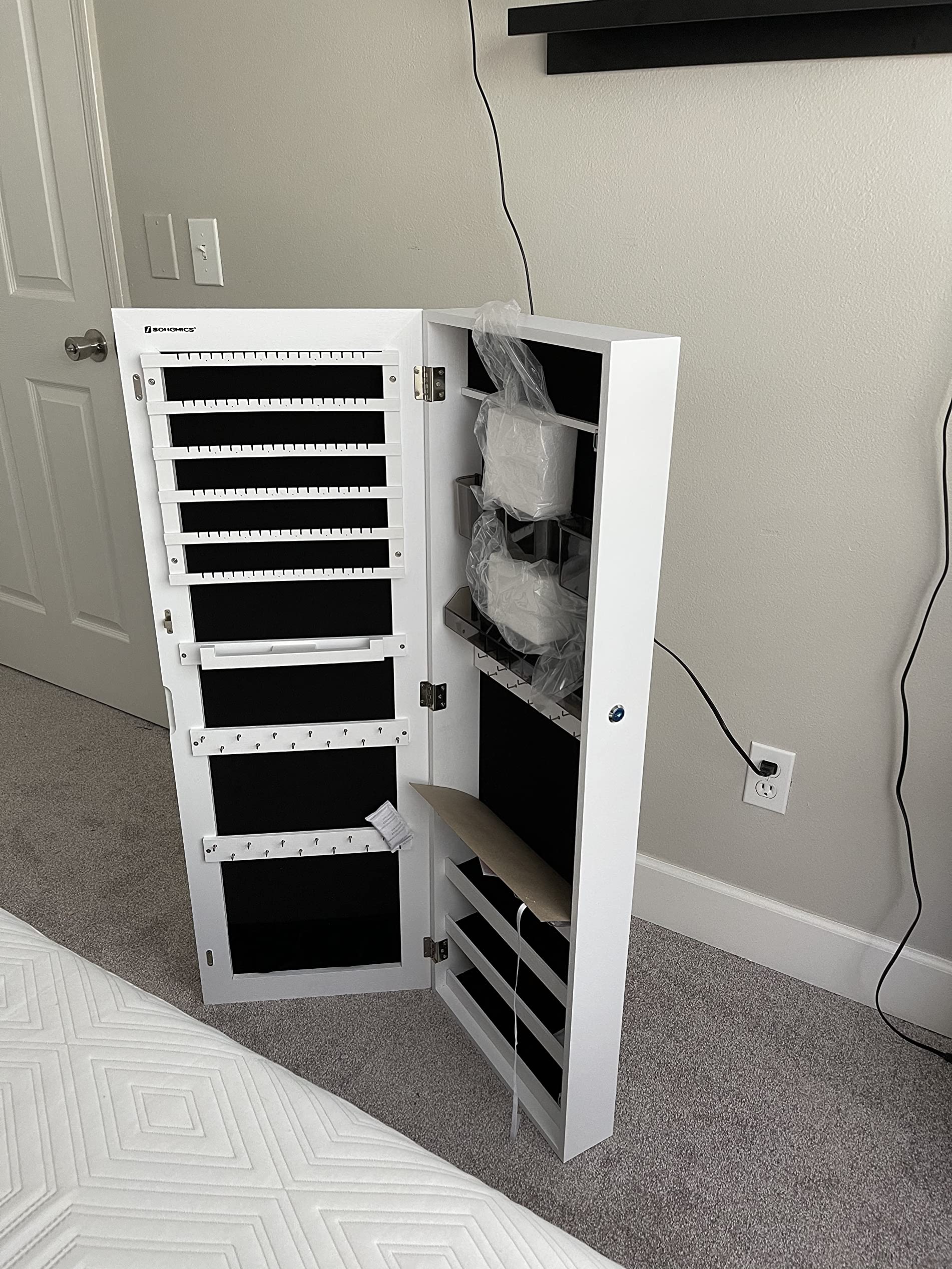 Mirror Jewelry Cabinet Armoire, Lockable Wall-Mounted Storage Organizer Unit