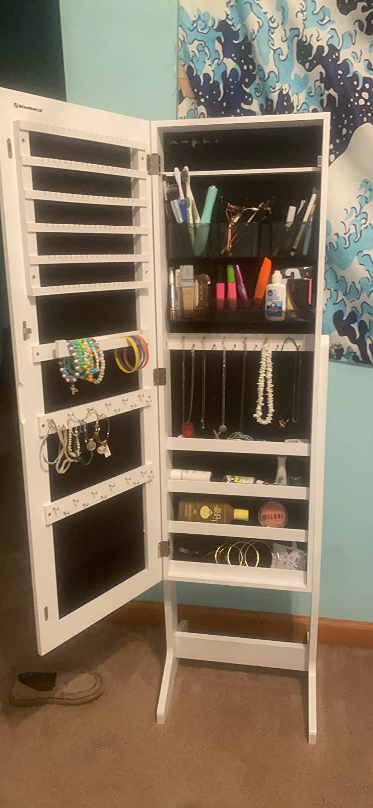 Mirror Jewelry Cabinet Armoire, Freestanding Lockable Storage Organizer Unit with 2 Plastic Cosmetic Storage