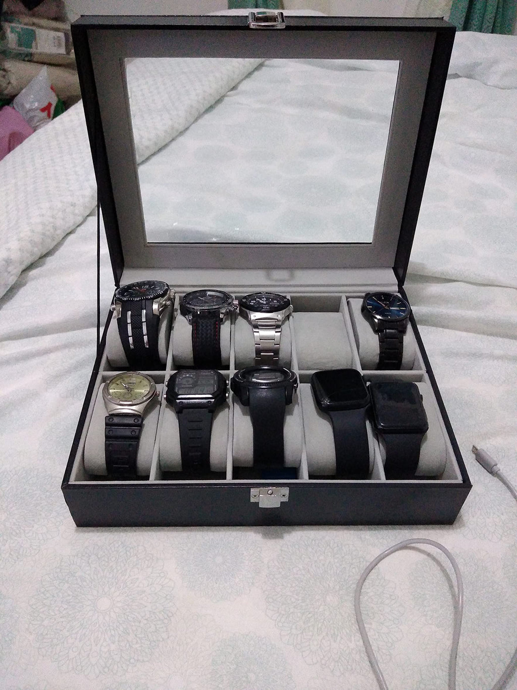 Faux Leather, 10 Slots Box, Holder with Glass Lid, Case with Removable Pillow