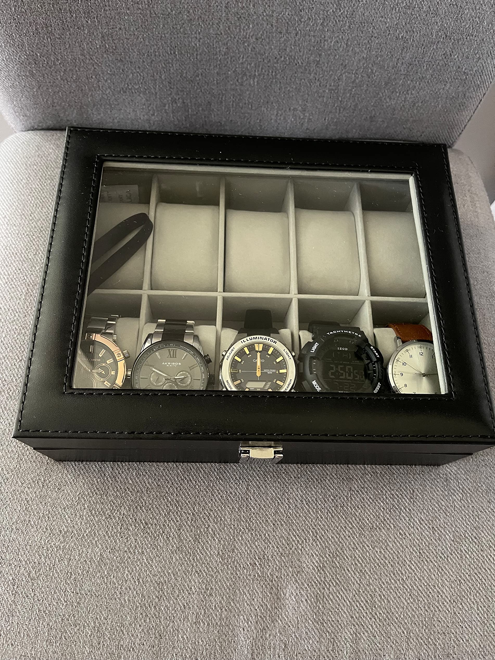 Faux Leather, 10 Slots Box, Holder with Glass Lid, Case with Removable Pillow