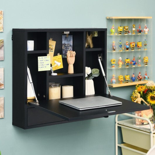 Wall-Mount Floating Desk Foldable Space Saving Laptop Workstation Black - Color: Black