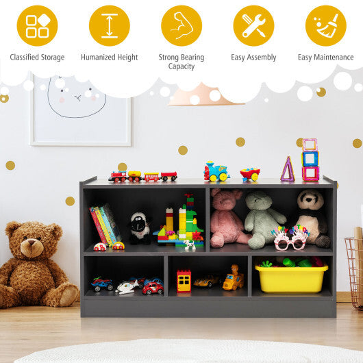 Kids 2-Shelf Bookcase 5-Cube Wood Toy Storage Cabinet Organizer-Gray - Color: Gray