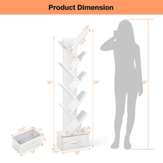 10-Tier Bookshelf with Drawer Free-standing Storage Bookcase-White - Color: White