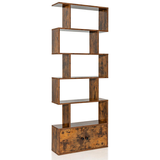 6-Tier S-Shaped Freestanding Bookshelf with Cabinet and Doors-White
