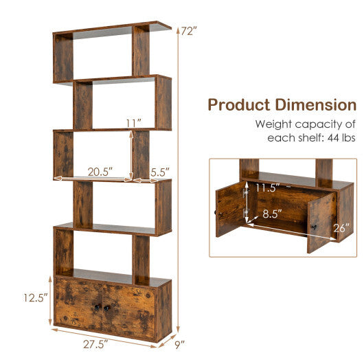 6-Tier S-Shaped Freestanding Bookshelf with Cabinet and Doors-White