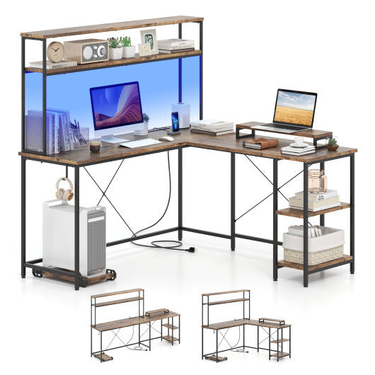 L-Shaped Reversible Gaming Desk with LED Strip and Power Outlets Hutch Monitor Stand-Rustic Brown