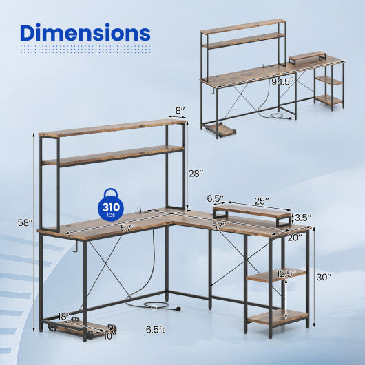 L-Shaped Reversible Gaming Desk with LED Strip and Power Outlets Hutch Monitor Stand-Rustic Brown
