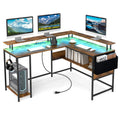 L-Shaped Gaming Desk with LED Lights and Power Outlets Home Office Computer Desk-Rustic Brown