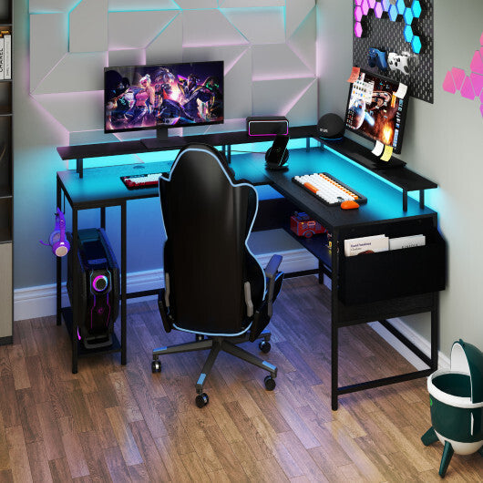L-Shaped Gaming Desk with LED Lights and Power Outlets Home Office Computer Desk-Rustic Brown