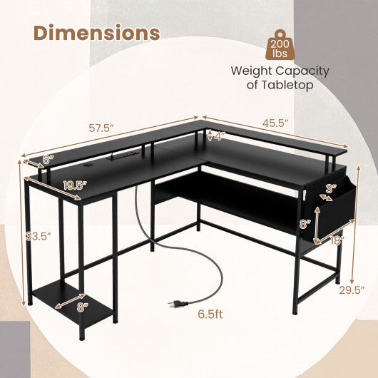 L-Shaped Gaming Desk with LED Lights and Power Outlets Home Office Computer Desk-Rustic Brown