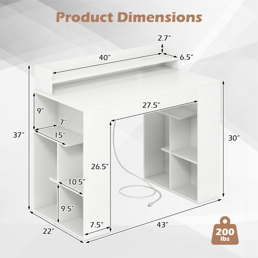 43 Inch Computer Desk with Power Outlets and 2 Bookcases-White