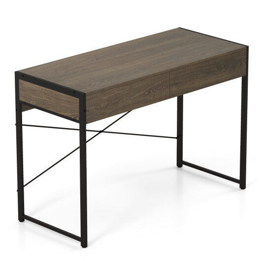 Computer Desk with 2 Drawers 44 Inch Home Office Desk with Metal Frame-Oak
