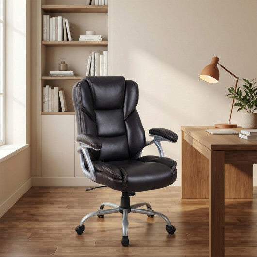 Executive Office Chair Leather Ergonomic Computer Desk Chair with Padded Seat and Armrests-Brown