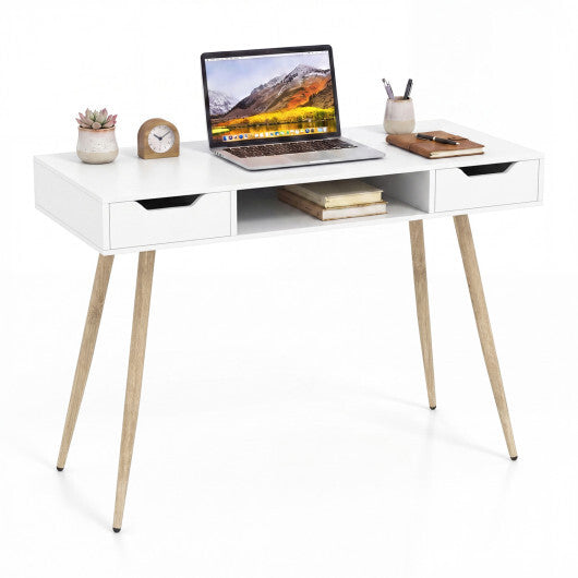 42.5" Mid Century Modern Writing Desk with Metal Leg and Drawers-Rustic Brown