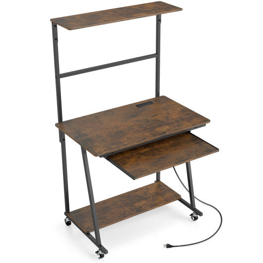 Small Computer Desk with Charging Station and LED Lights and Wheels-Rustic Brown