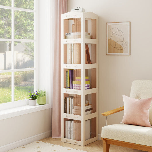 5-Tier Foldable Rotating Bookshelf 360? Spinning Bookcase with Swivel Base-White